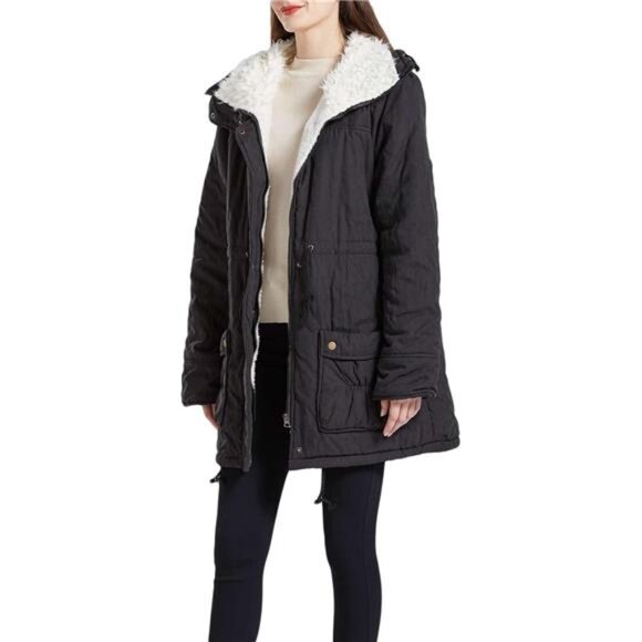 Women's Mid-Length Winter Jacket - Thick Warm Coat with Faux Lamb Wool Lining - Picture 5 of 8